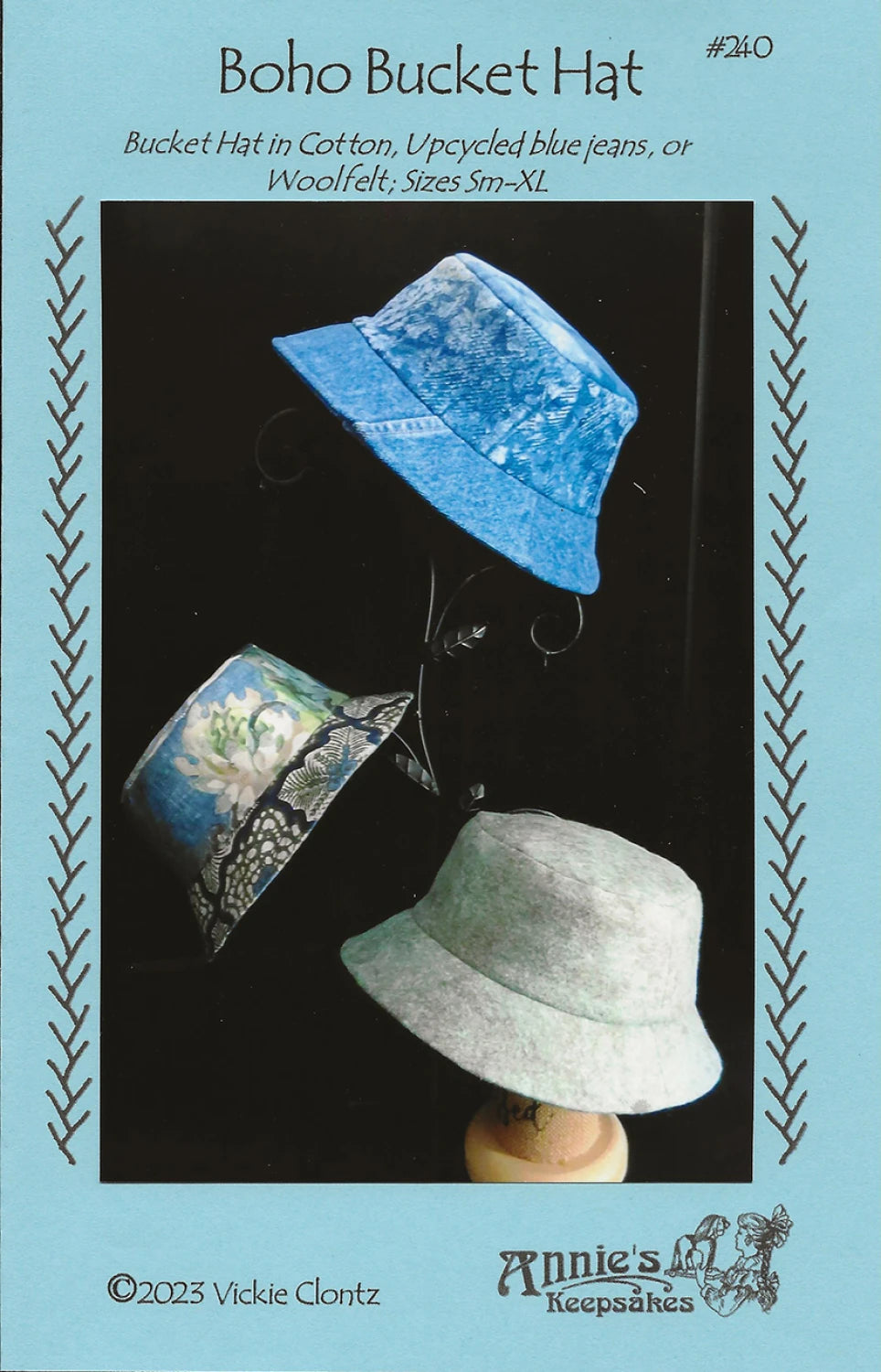 Boho bucket hat pattern front with blue and green hats on a black background, featuring Annie's Attic logo.
