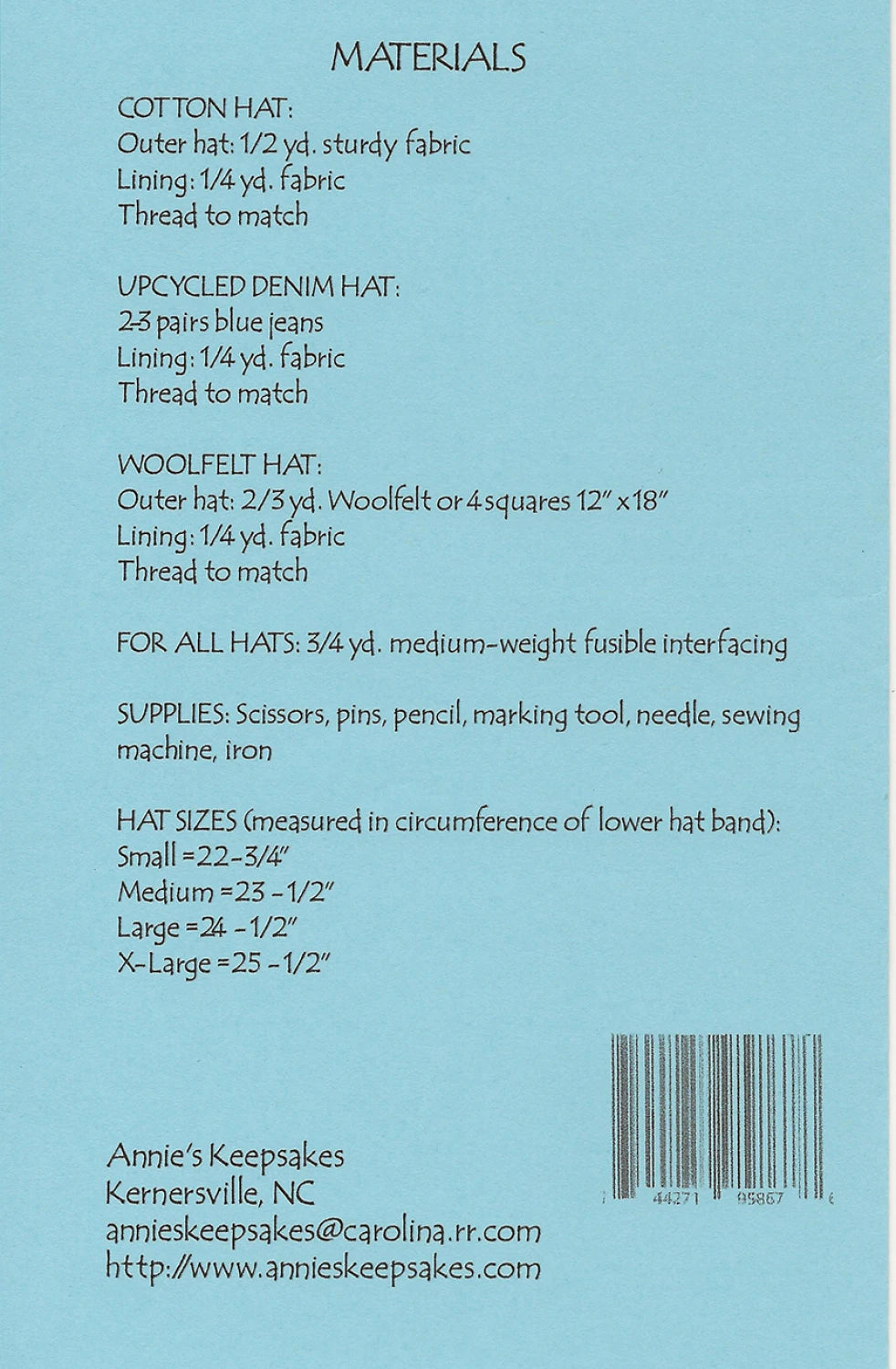 Back of a sewing pattern with materials and supplies list for making Boho Bucket hats.