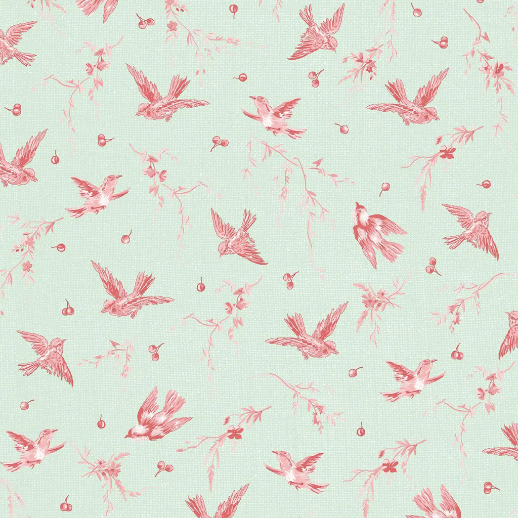 Pattern of pink birds and branches on a light blue background