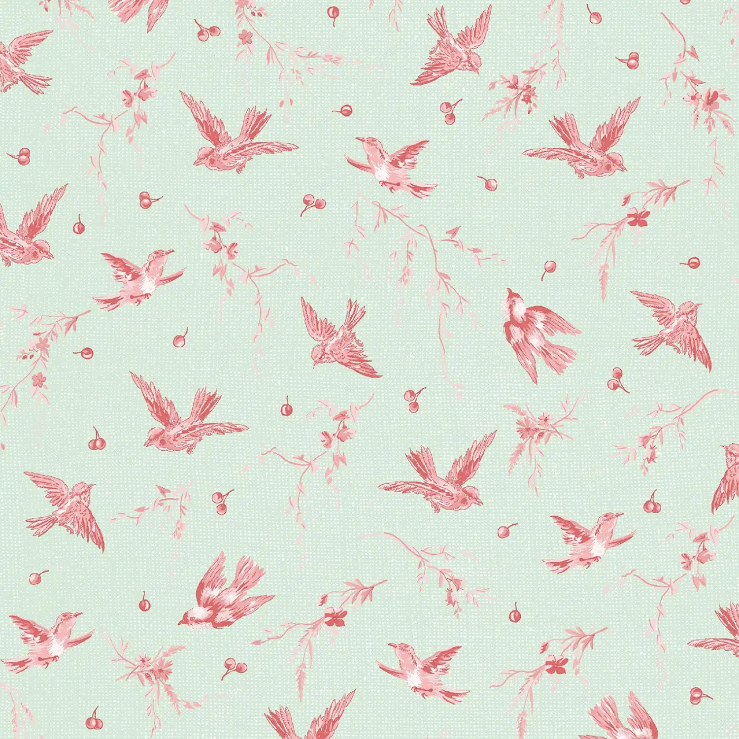 Pattern of pink birds and branches on a light blue background