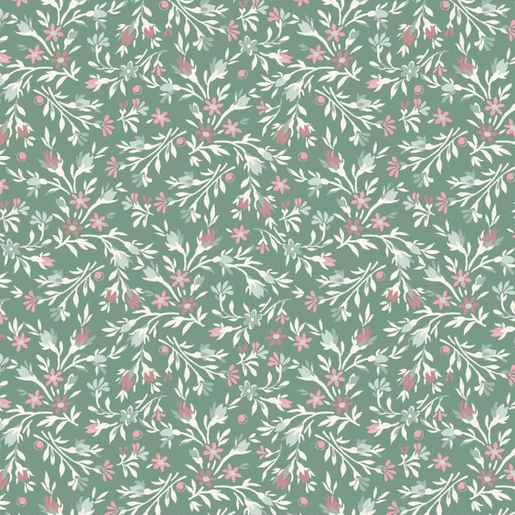 Floral pattern with pink flowers and green leaves on a green background