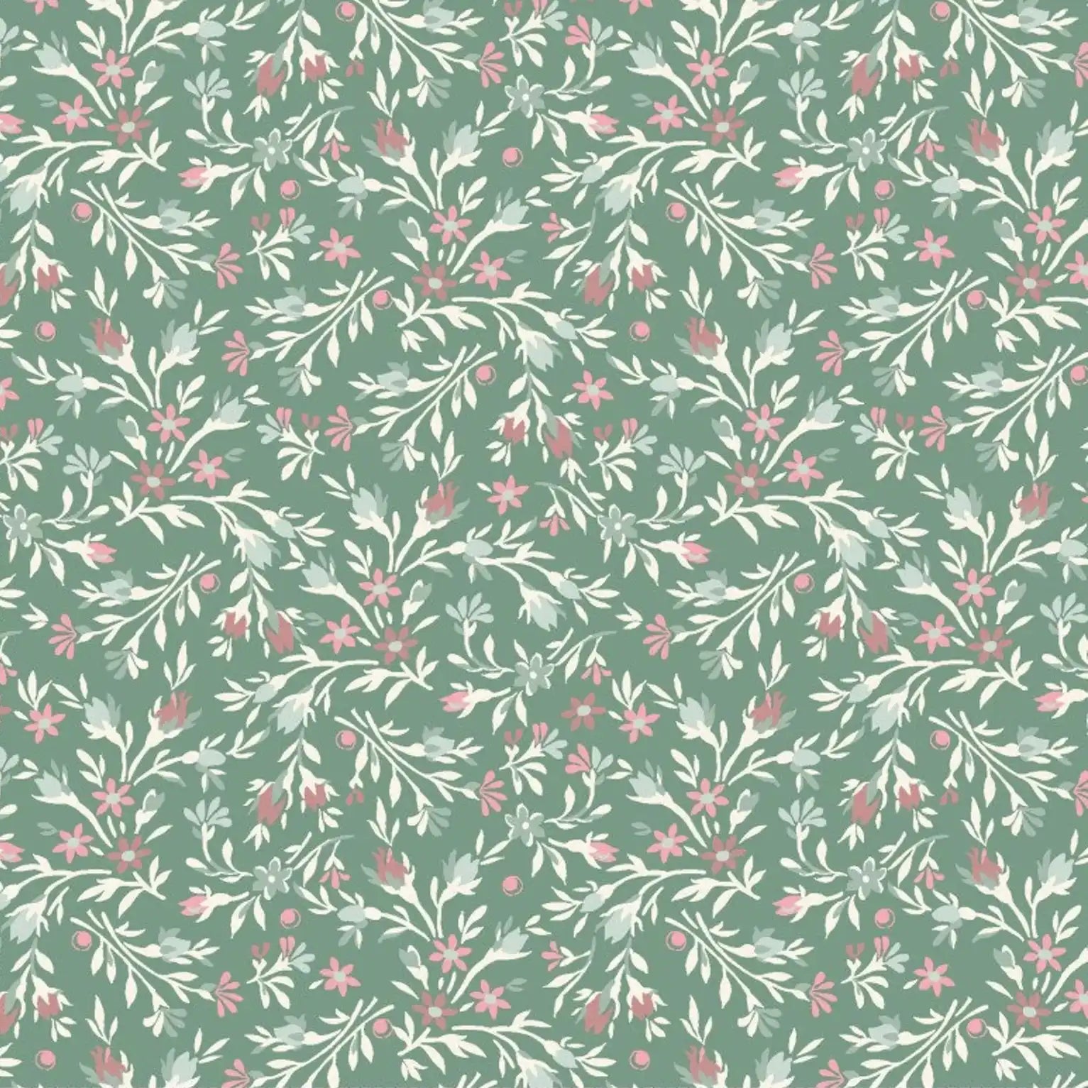 Floral pattern with pink flowers and green leaves on a green background