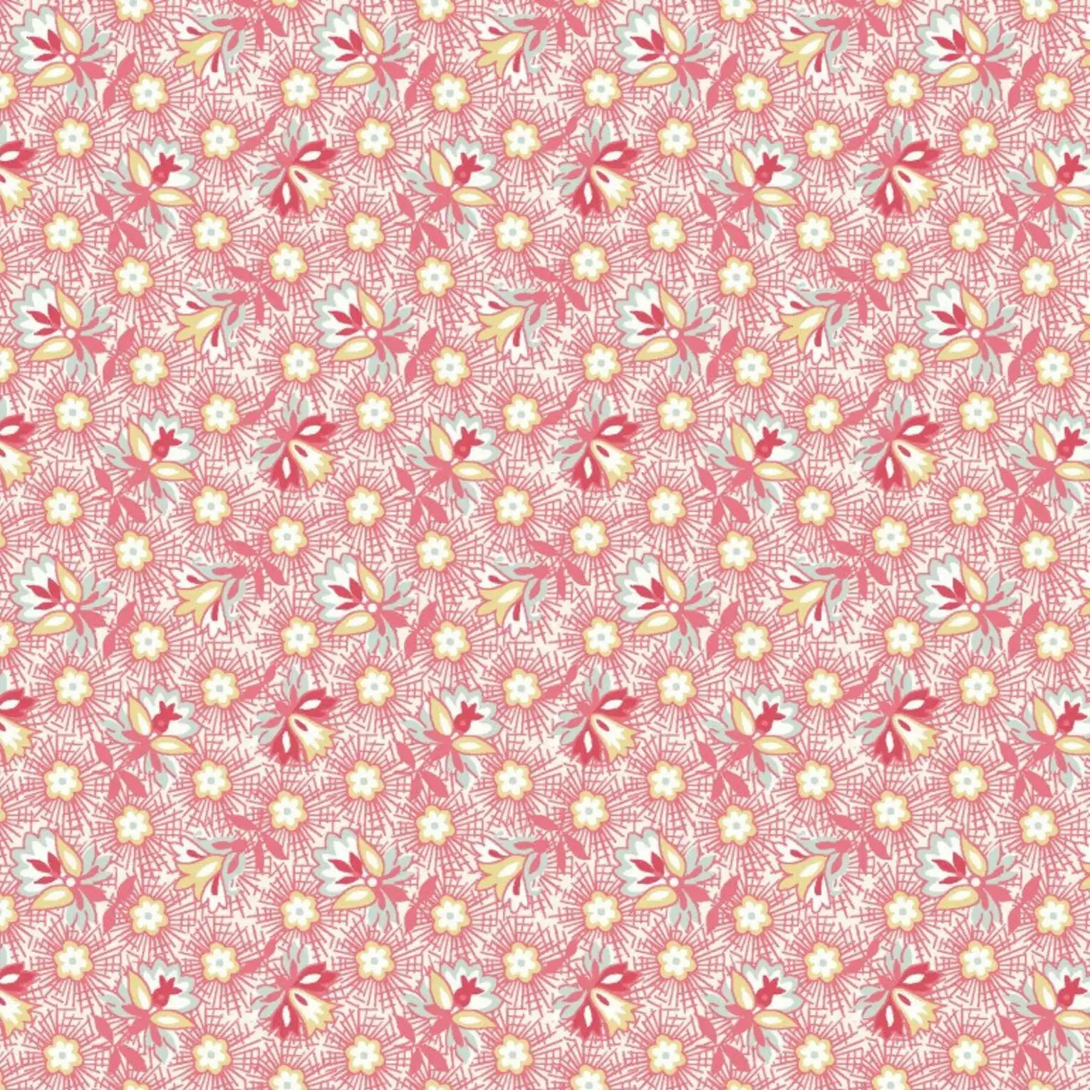 Patterned fabric with floral design on a pink background