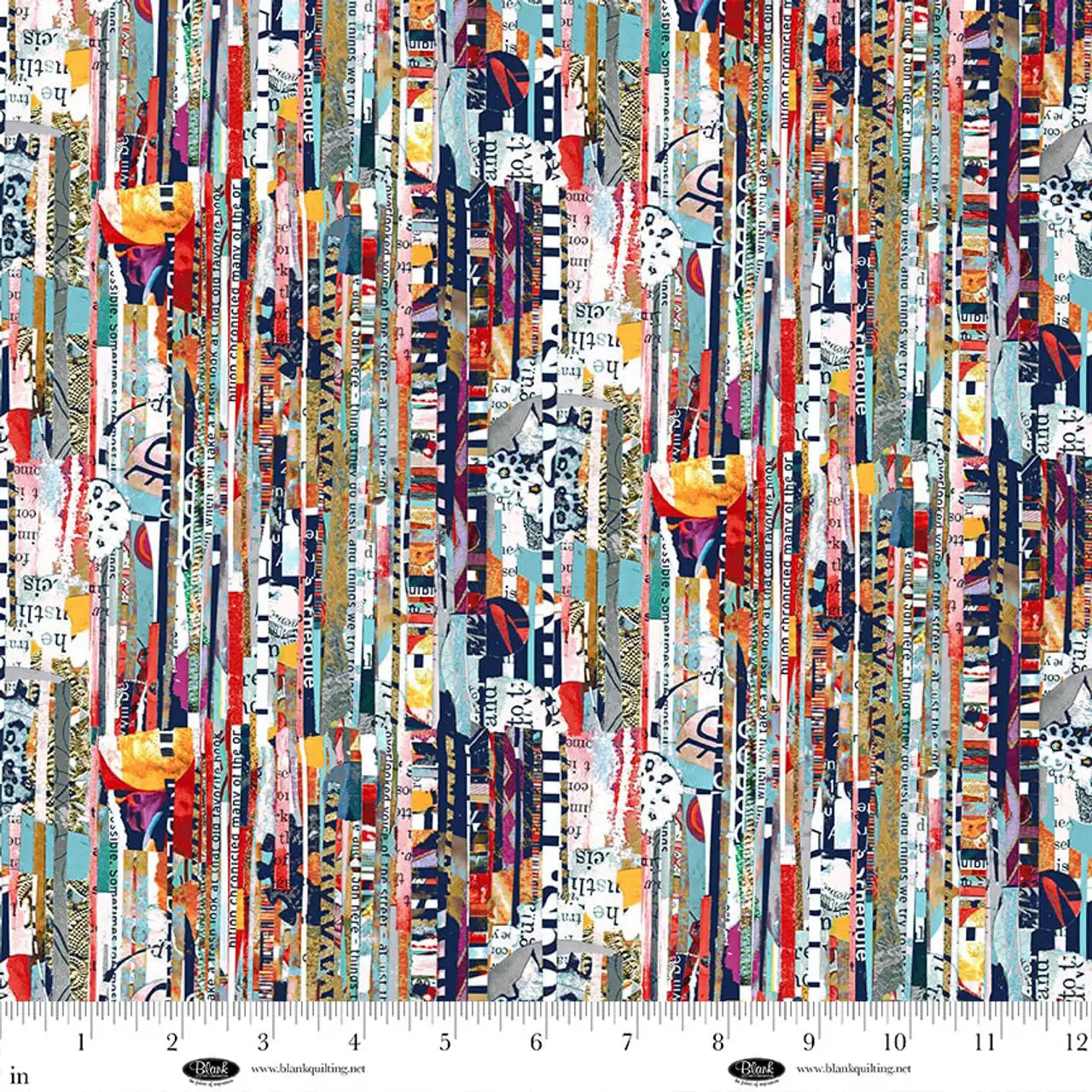 Multicolored abstract patterned fabric swatch with a ruler at the bottom for scale.