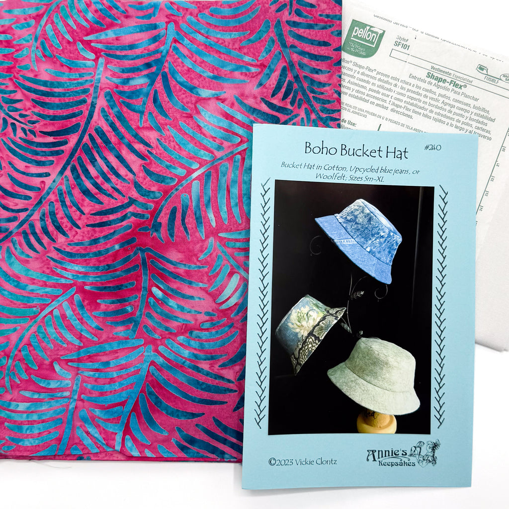 Boho Bucket Hat pattern book with pink and blue leaf-patterned fabric and interfacing