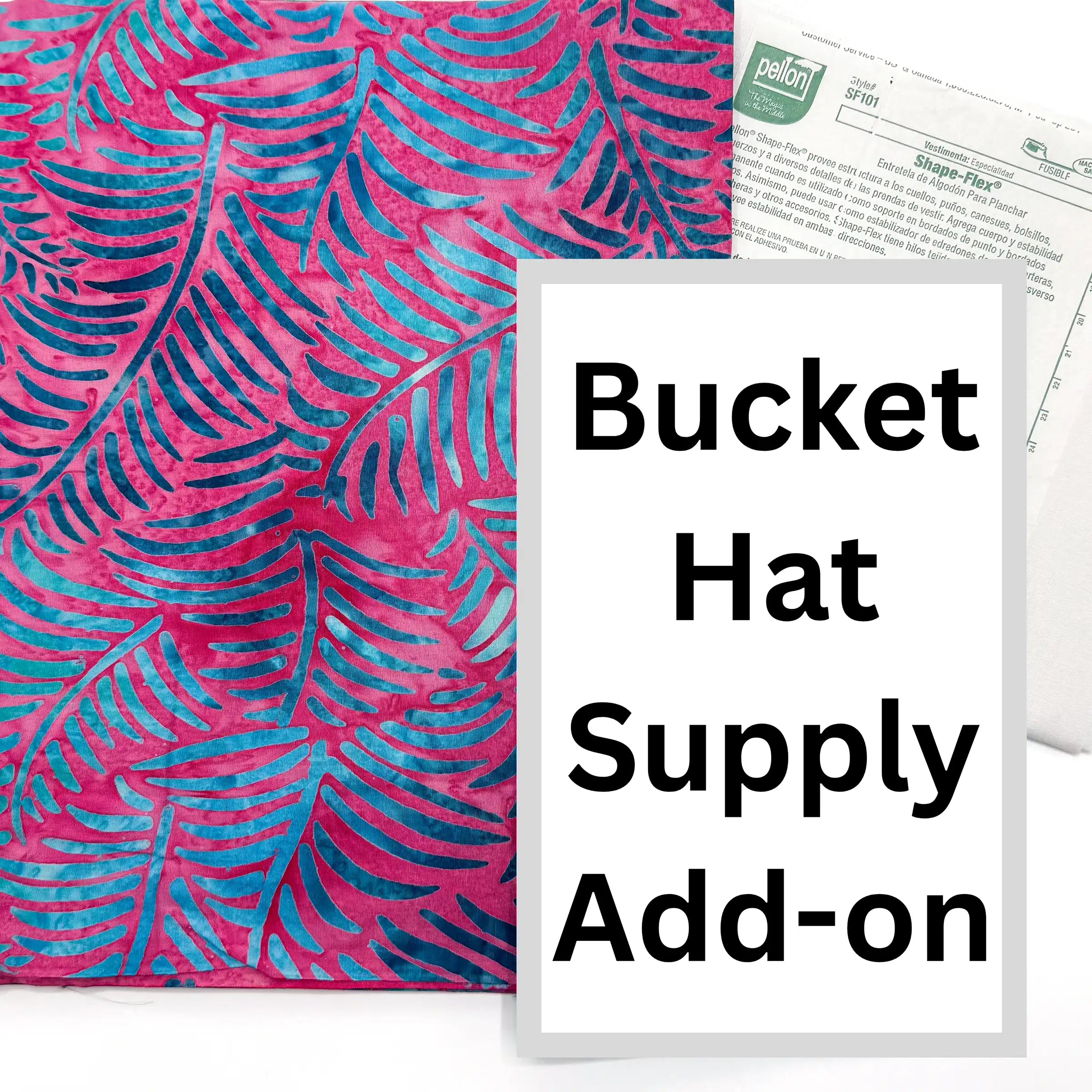 Bucket hat supply add-on with pink and blue leaf pattern batik fabric and a label.
