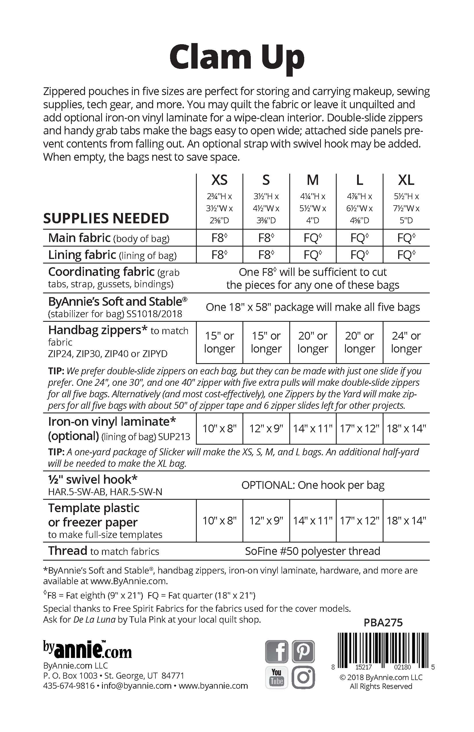 Rear of pattern for making quilted pouches with ByAnnie.com branding, including fabric yardage and finished measurements