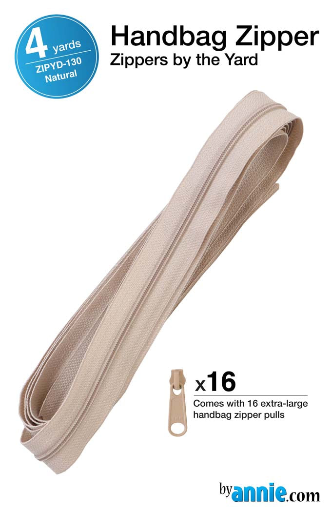 Beige handbag zipper tape and pulls with packaging details on a white background