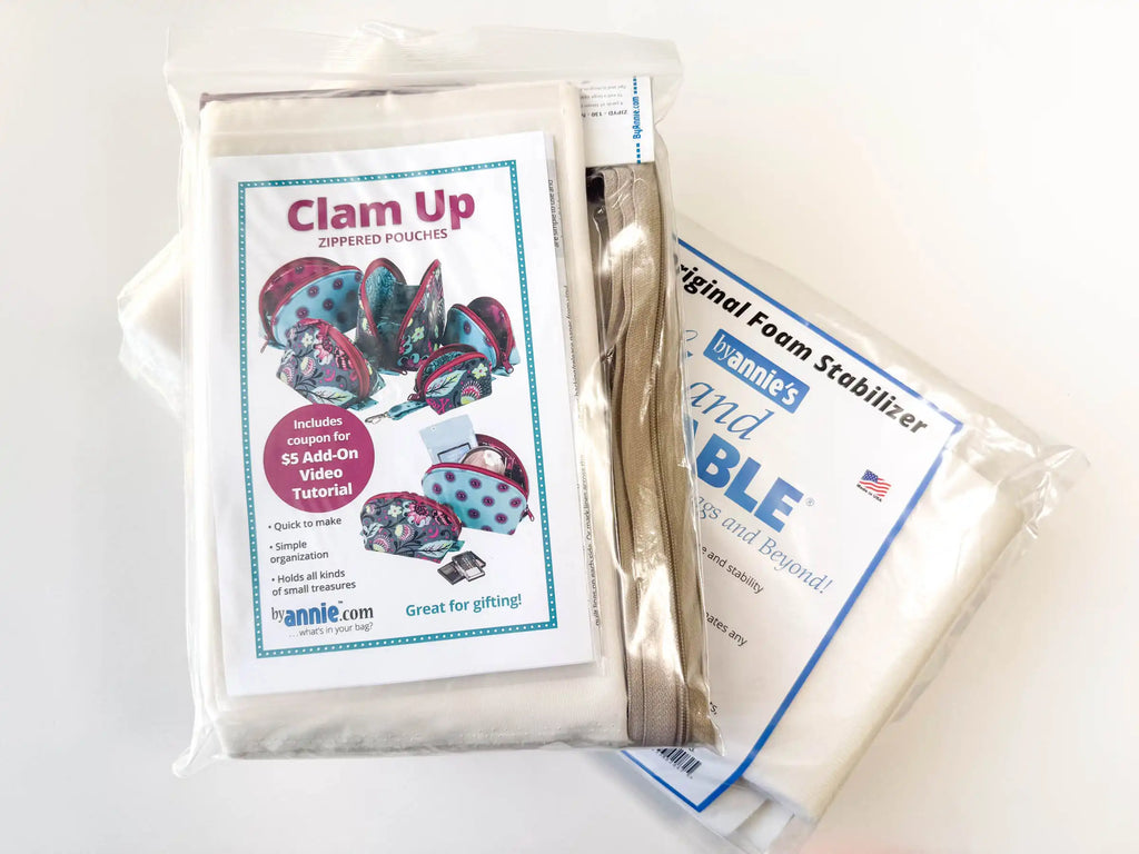 Clam Up Pouch Kit and 'Annie's Foam Stabilizer' on a white background