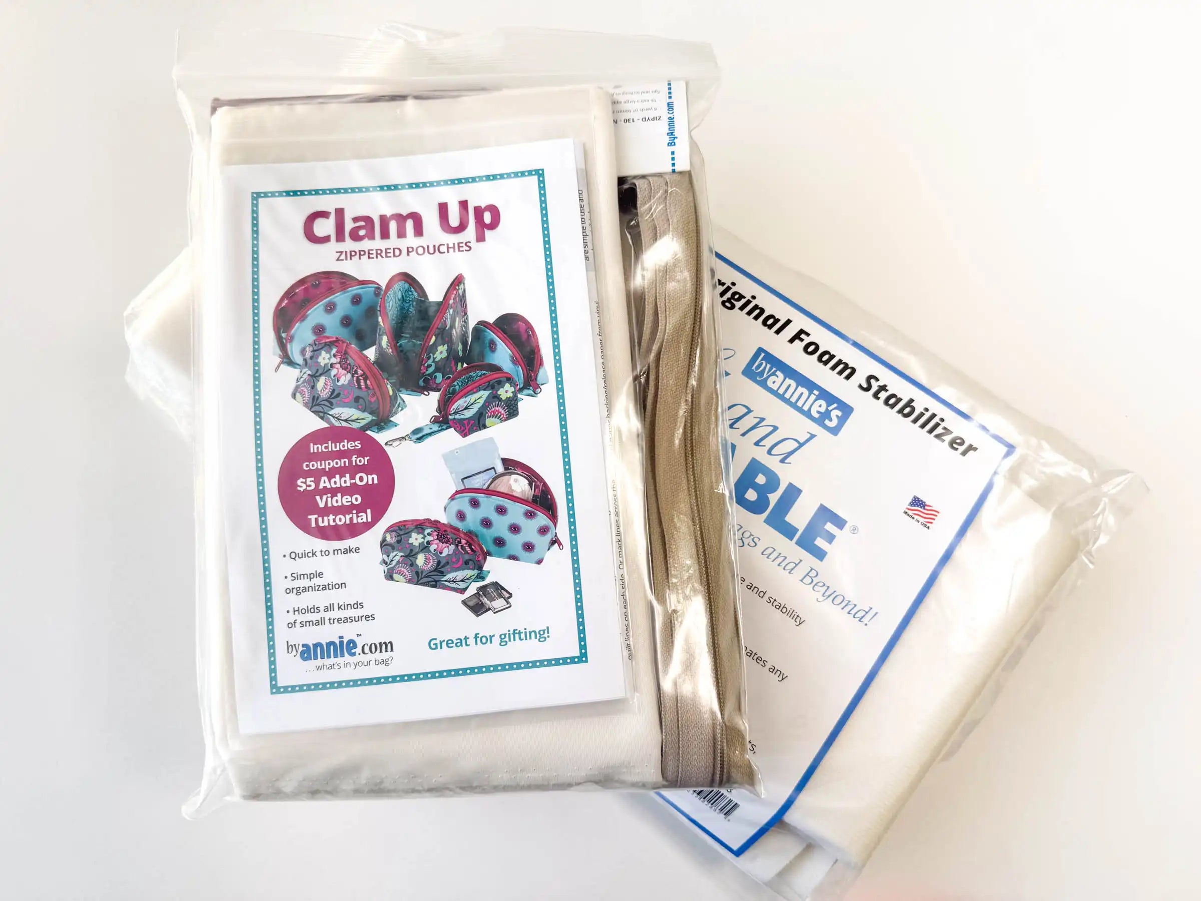 Clam Up Pouch Kit and 'Annie's Foam Stabilizer' on a white background