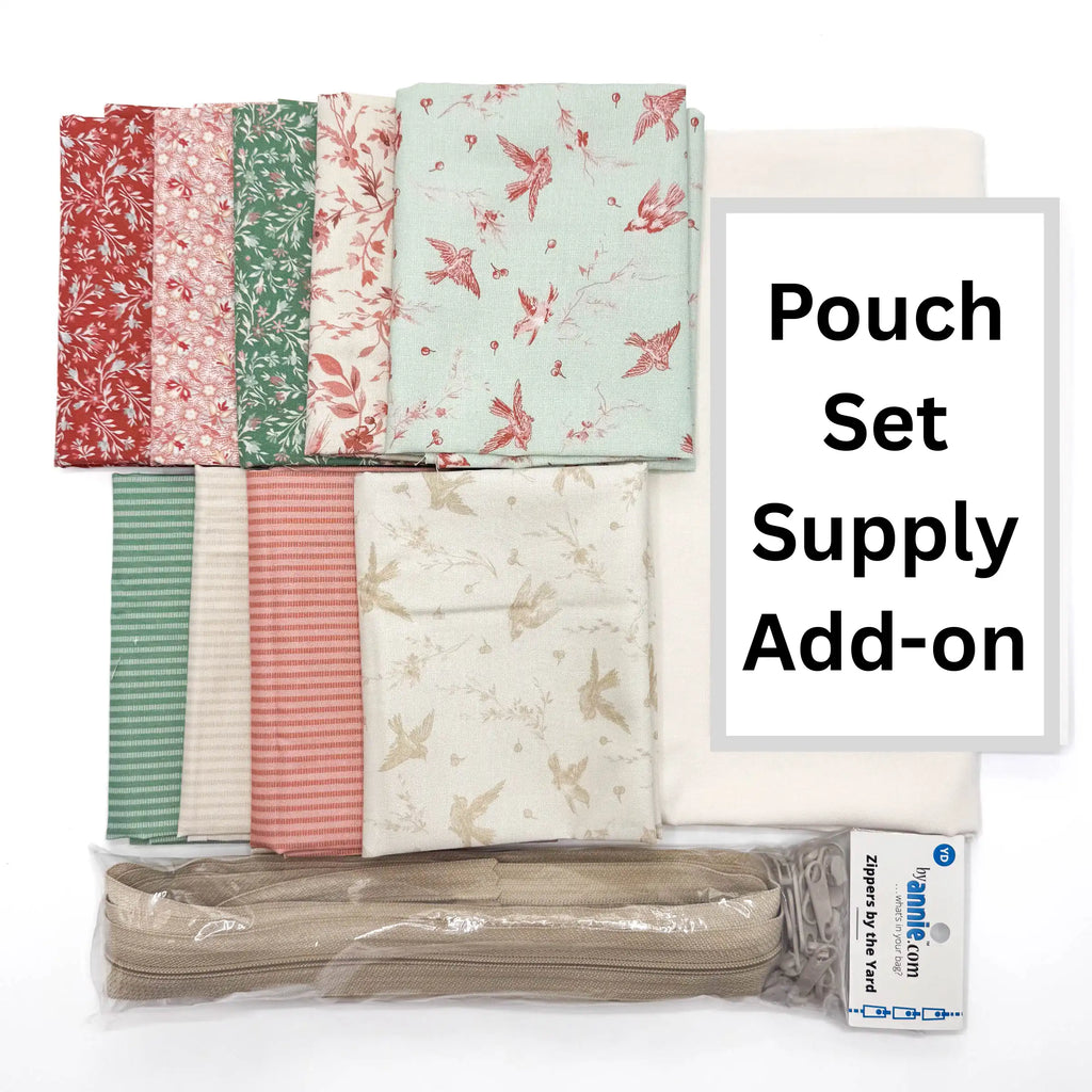 Set of fat quarters with floral patterns, a zipper, and fabric yardage, on a white background.