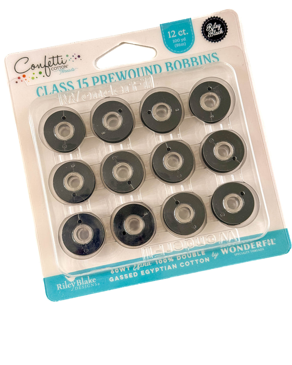 Pack of black prewound bobbins with Riley Blake label on a white background