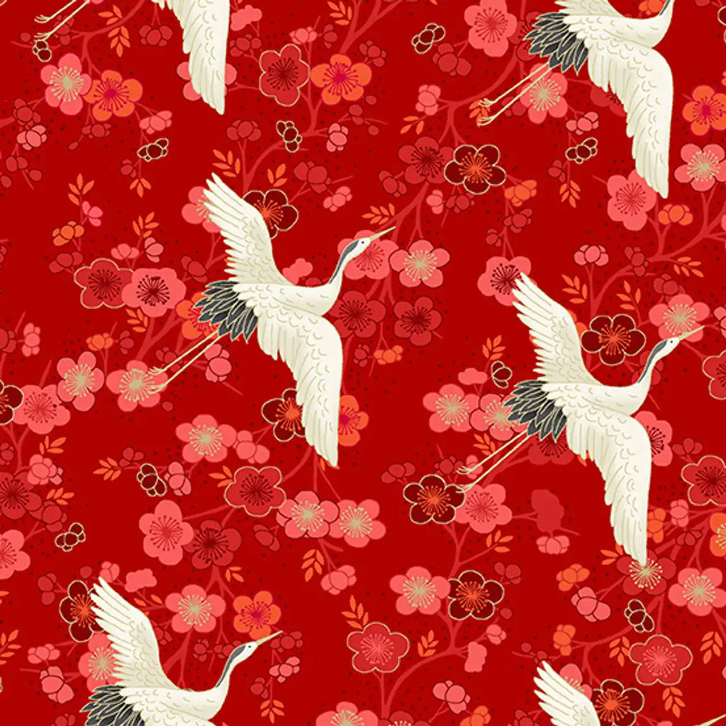 Pattern of white cranes and pink flowers on a red background