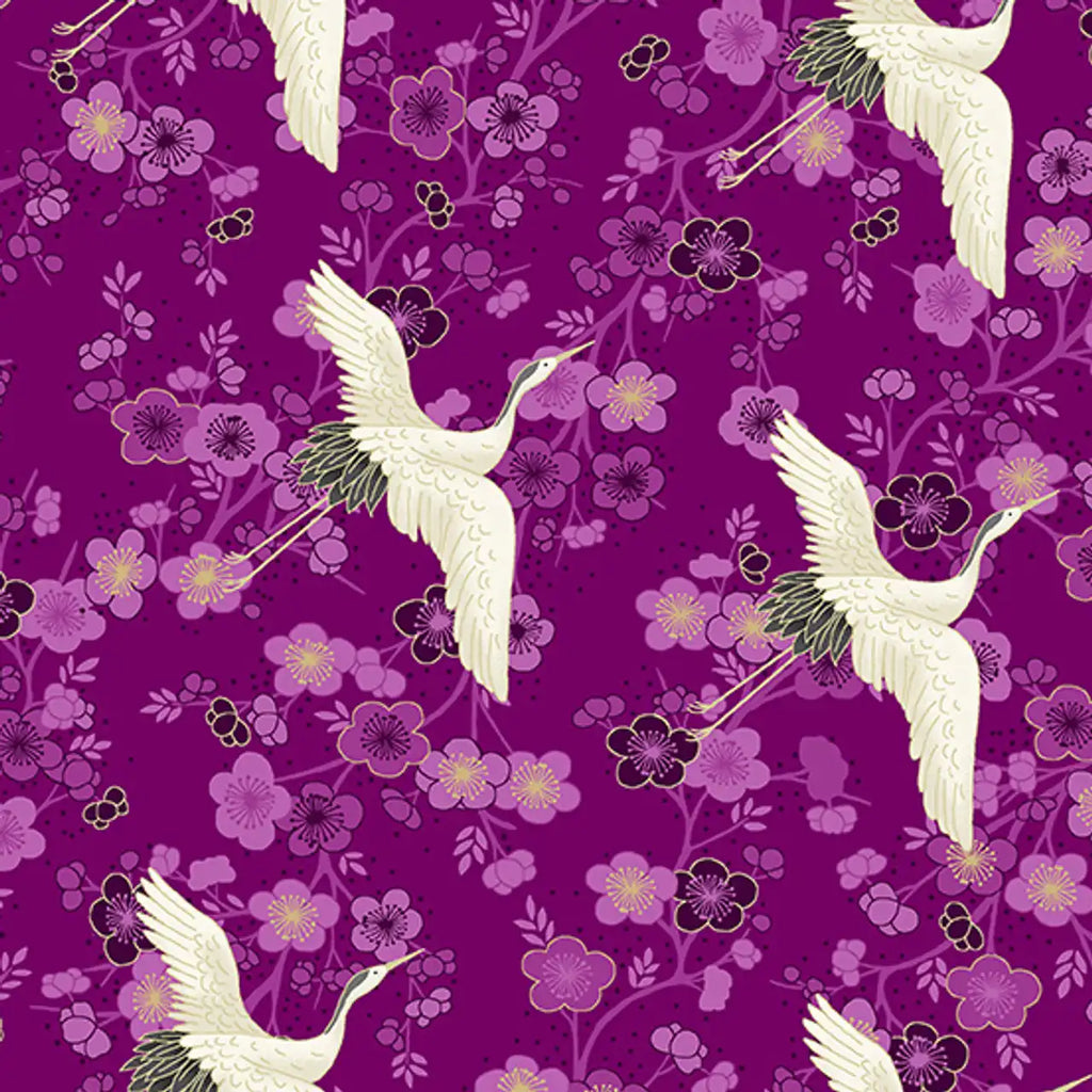 Pattern of white cranes and purple flowers on a purple background