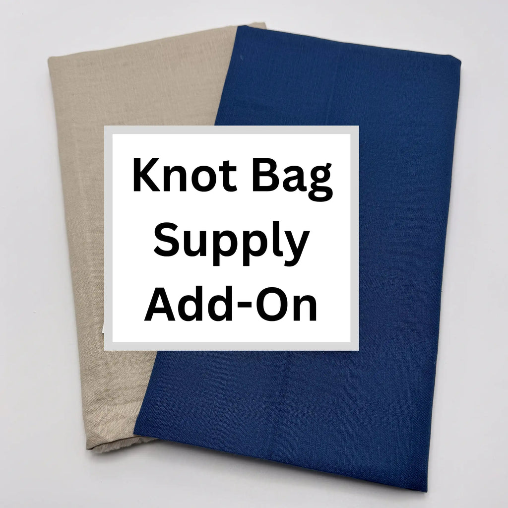 Two fabric swatches one beige and one blue, with a label reading 'Knot Bag Supply Add-On' on a white background.