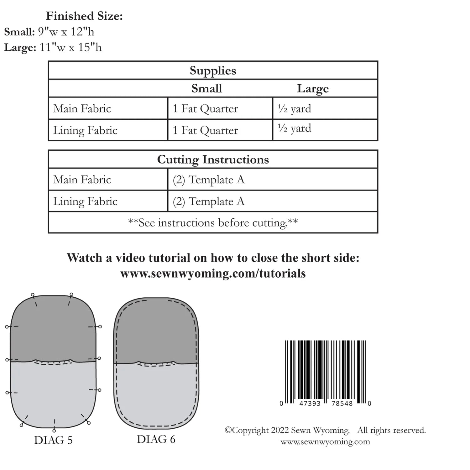 Pattern yardage sheet with diagrams and text on a white background