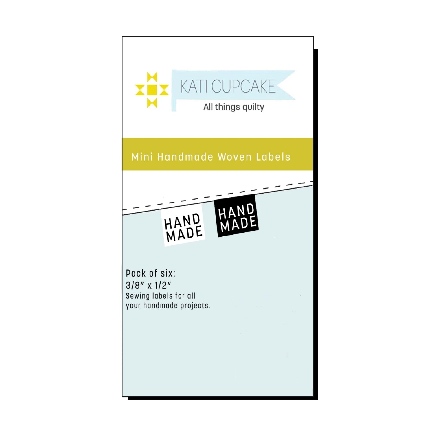 Kati Cupcake black and white mini handmade woven labels in packaging on a white background