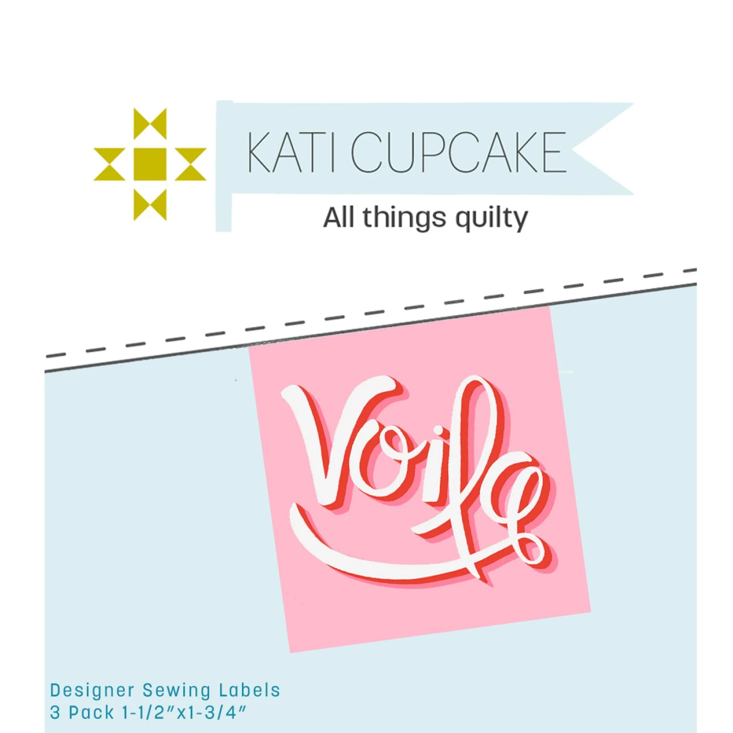 Kati Cupcake pink voila sewing labels in package with a light blue background