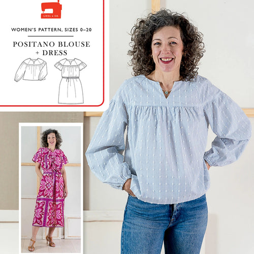 Woman wearing a light blue Positano blouse, alongside a patterned dress and blouse illustrations on a white background