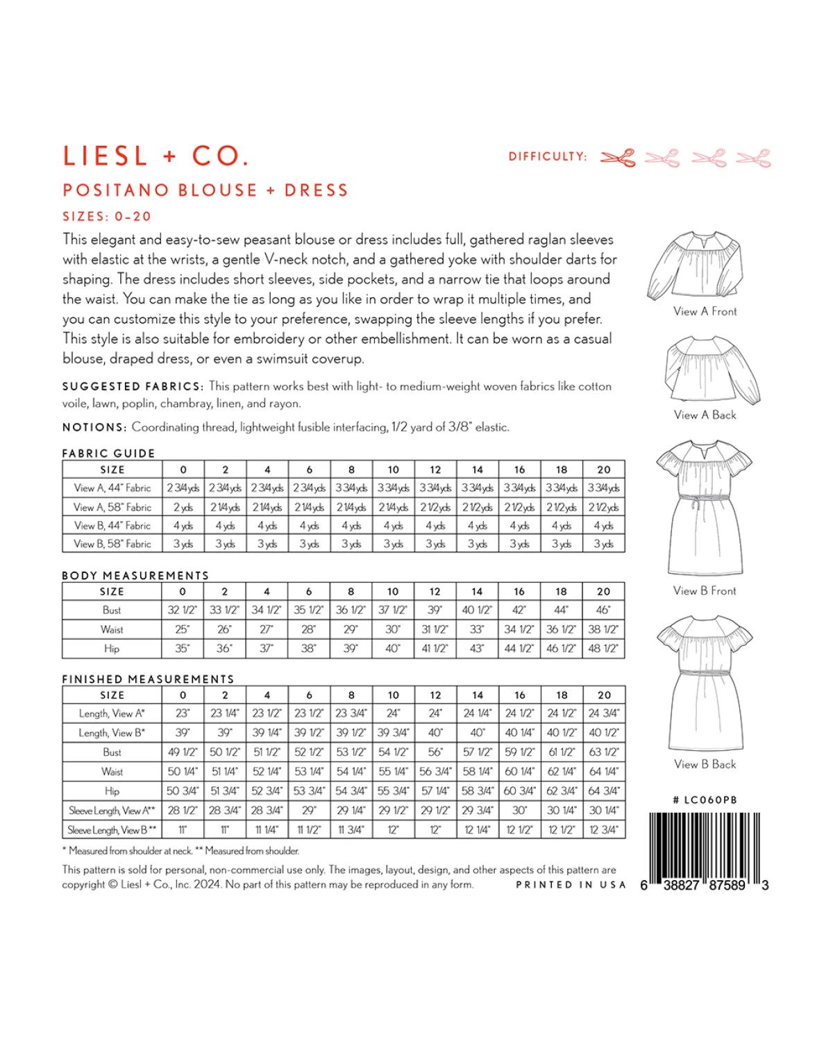 Pattern envelope for Liesl + Co. Positano Blouse & Dress with fabric guide and body measurements.
