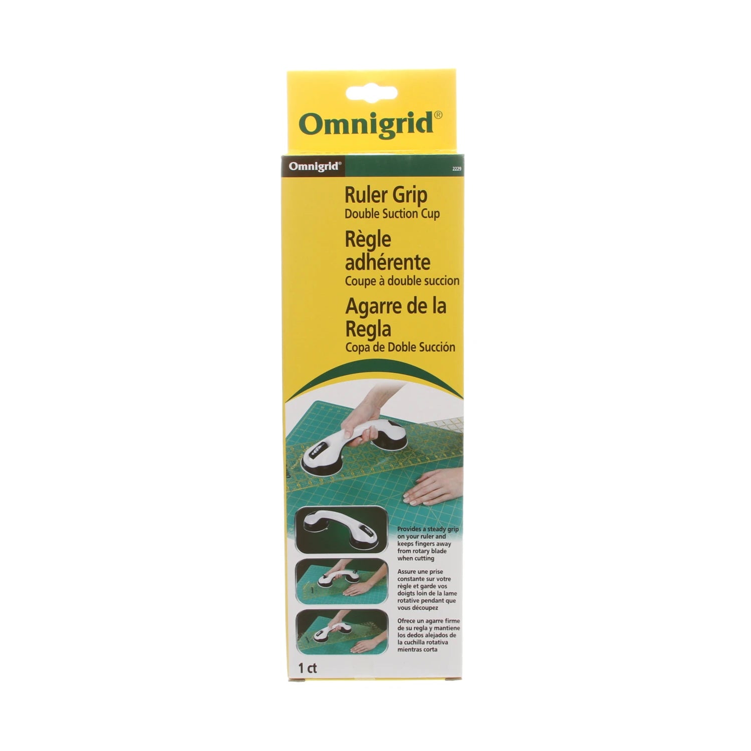 Omnigrid Ruler Grip packaging with yellow and white design on a white background
