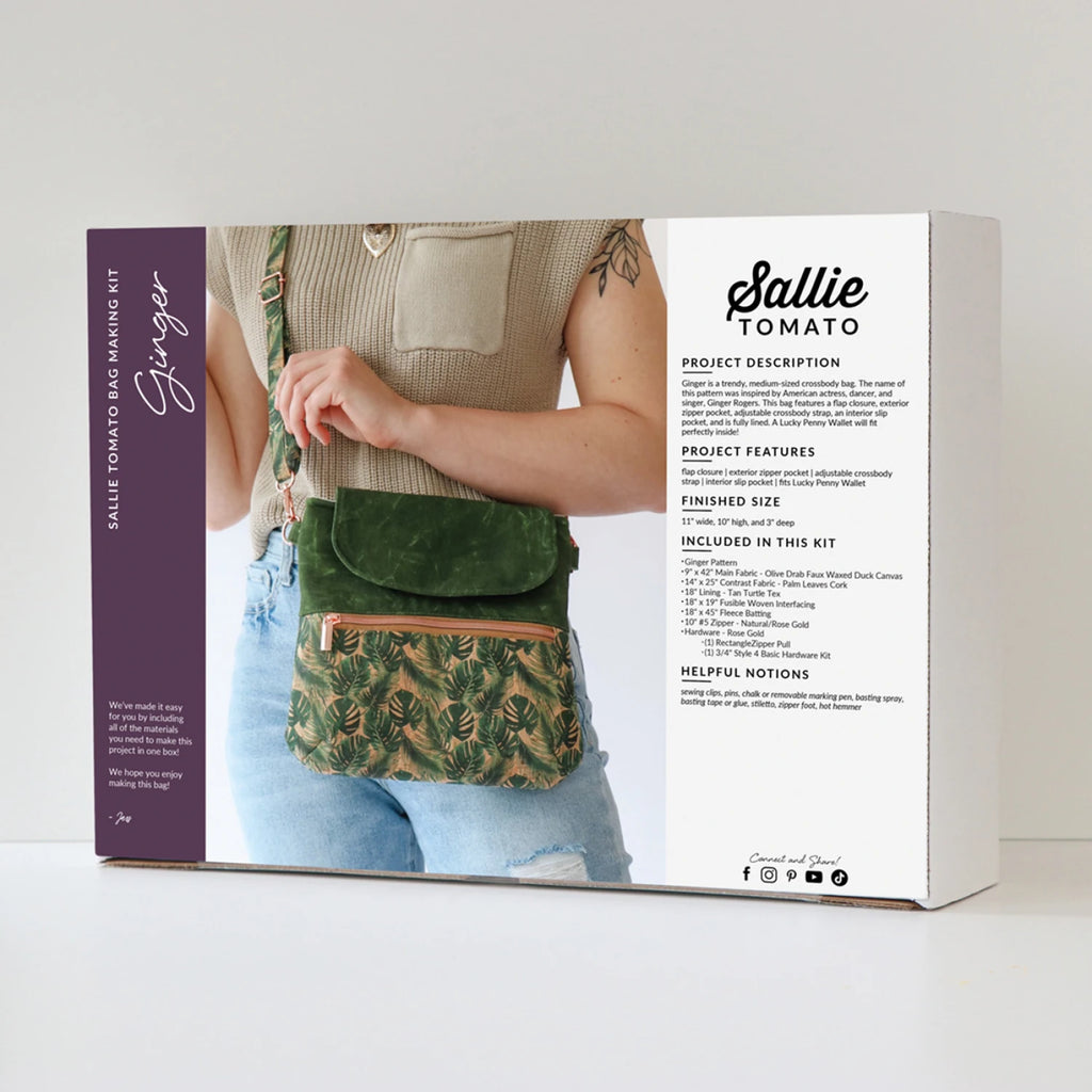 Sallie Tomato bag-making kit packaging with a person wearing a green bag.