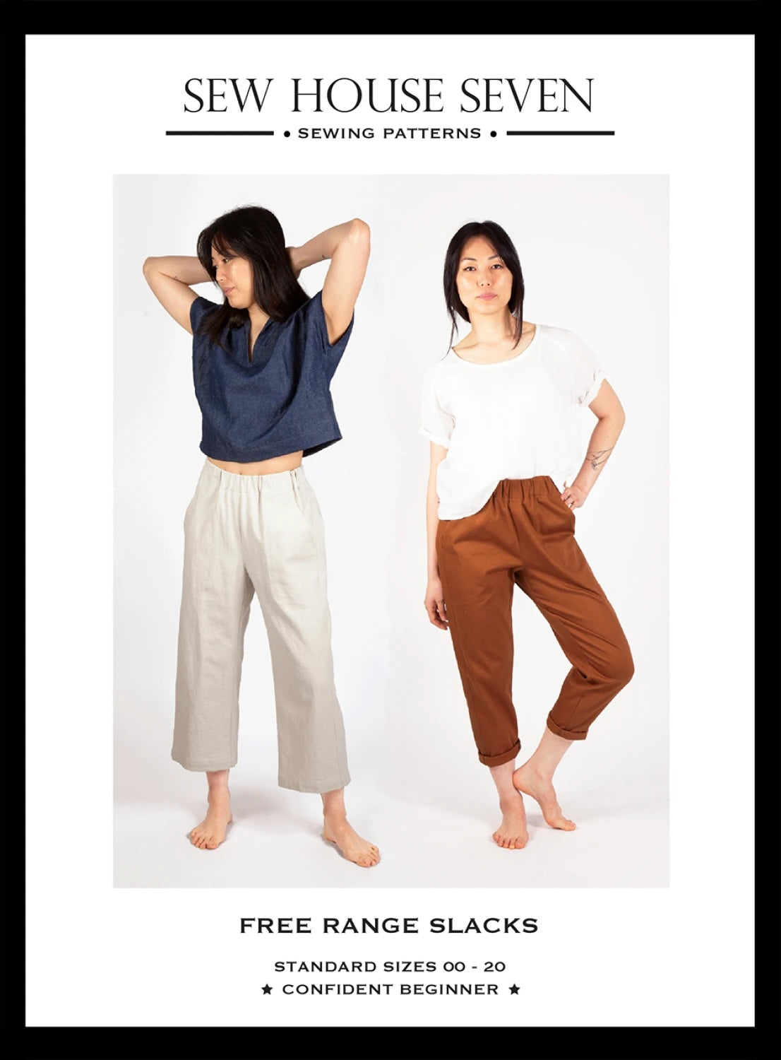 Two women wearing Sew House Seven free range slacks on a white background