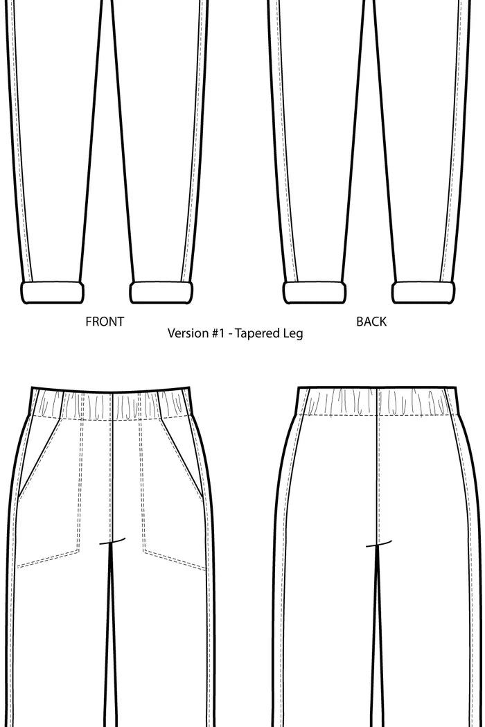 Technical drawing of Free Range Slacks with front and back views labeled.