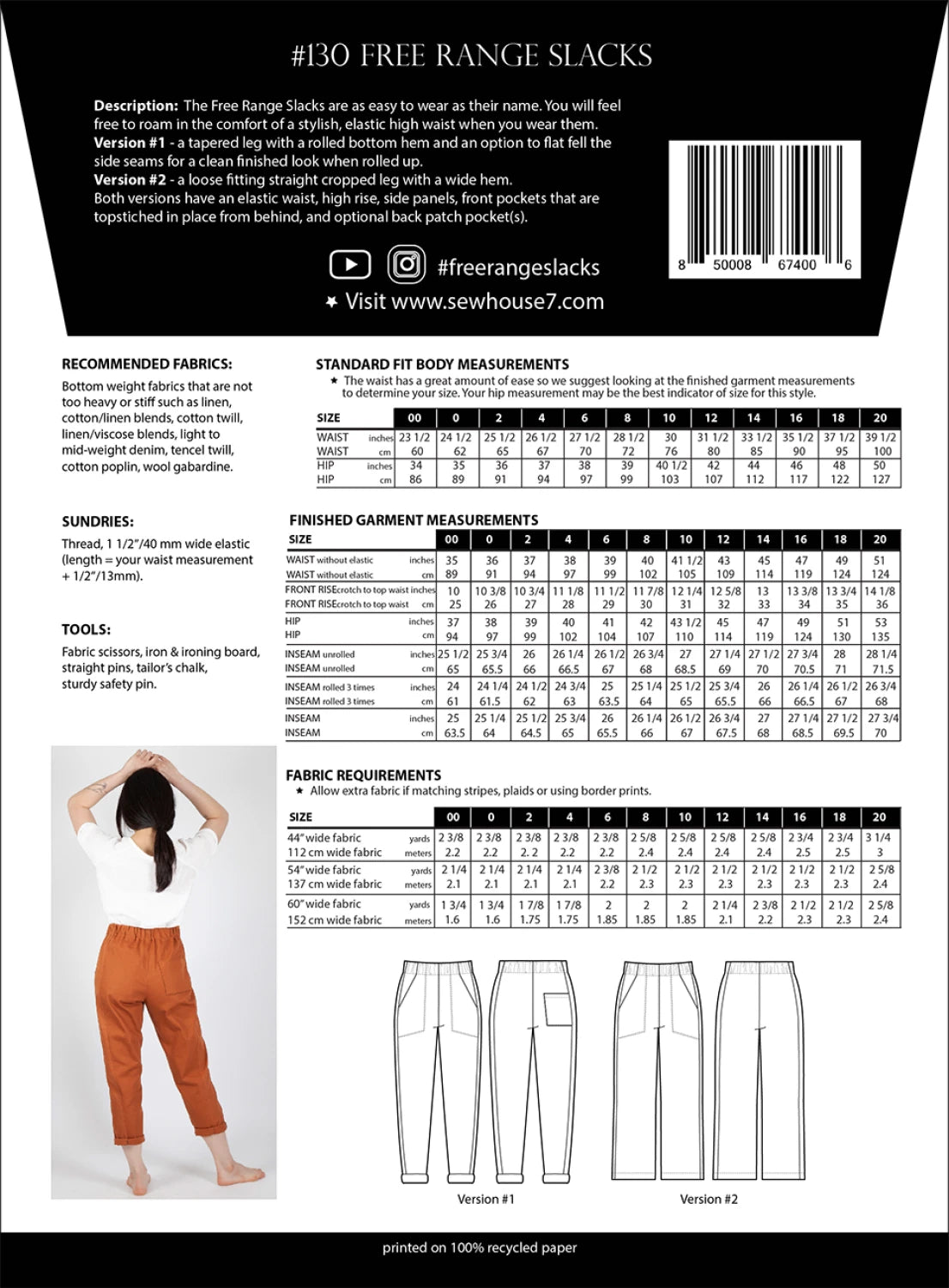 Back of Free Range Slacks pattern with measurements, fabric requirements, and a model wearing the pants.