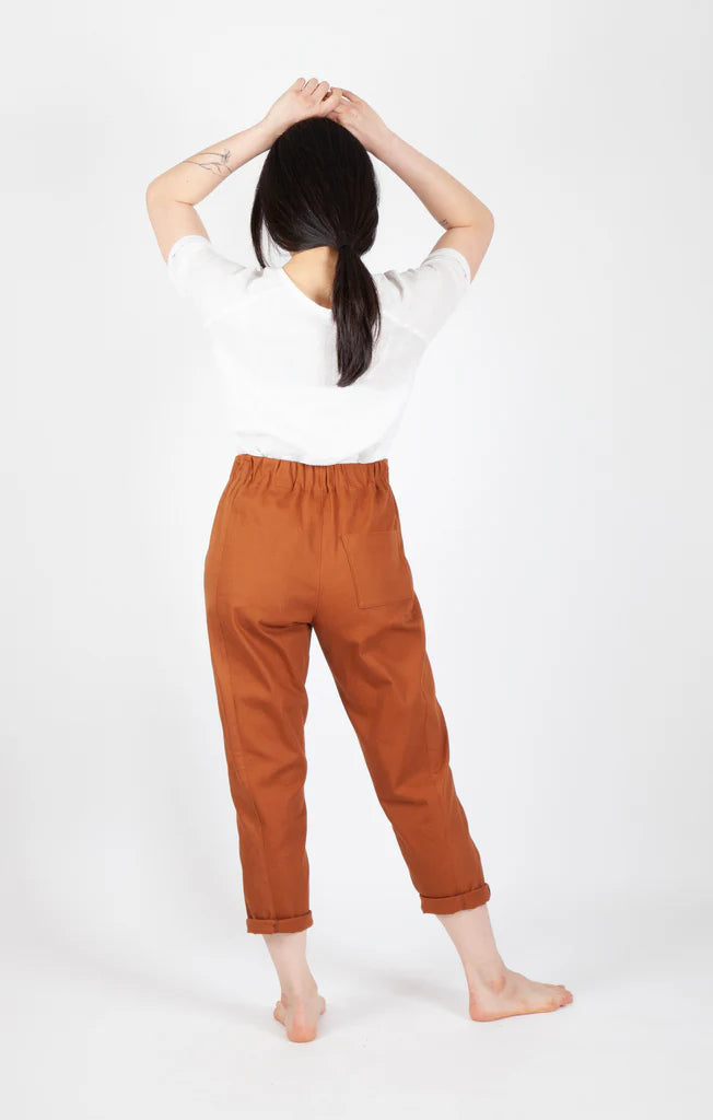Person wearing a white shirt and rust-colored Free Range Slacks on a white background