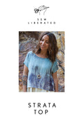 Front of the pattern for Sew Liberated  Strata short sleeved top, shown on a woman. 