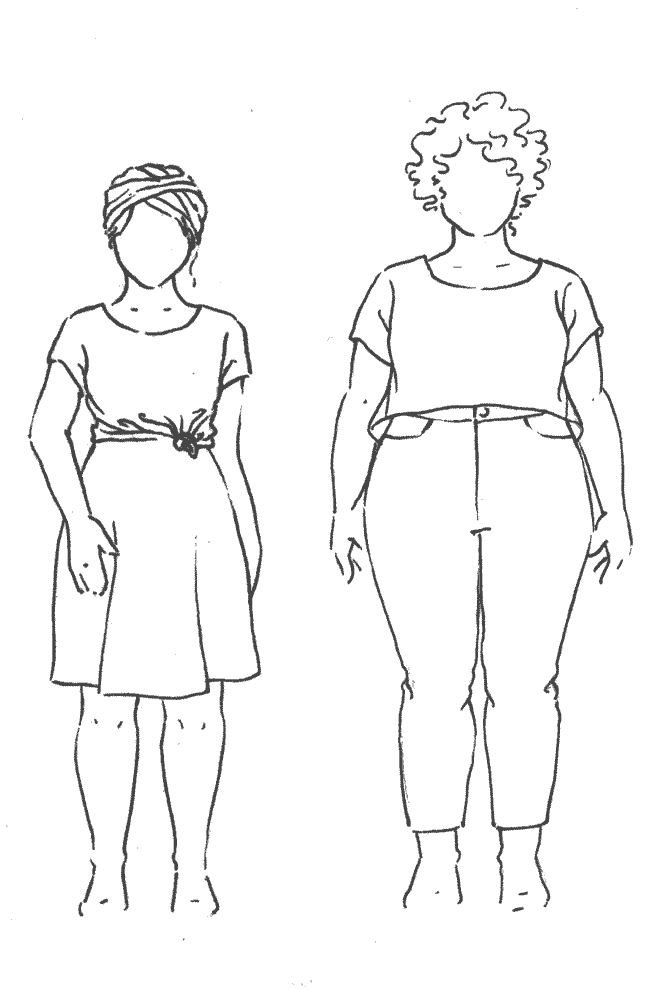 Line drawings of two people wearing different Strata top outfits on a white background