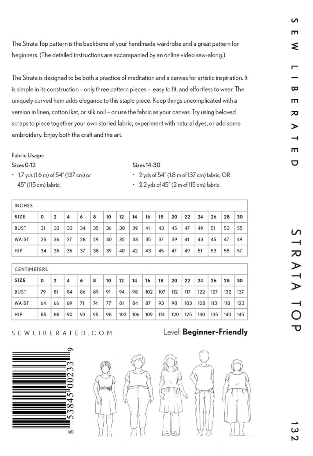 Pattern envelope for Sew Liberated 'Strata Top' with fabric usage chart, size chart, and sewing instructions.