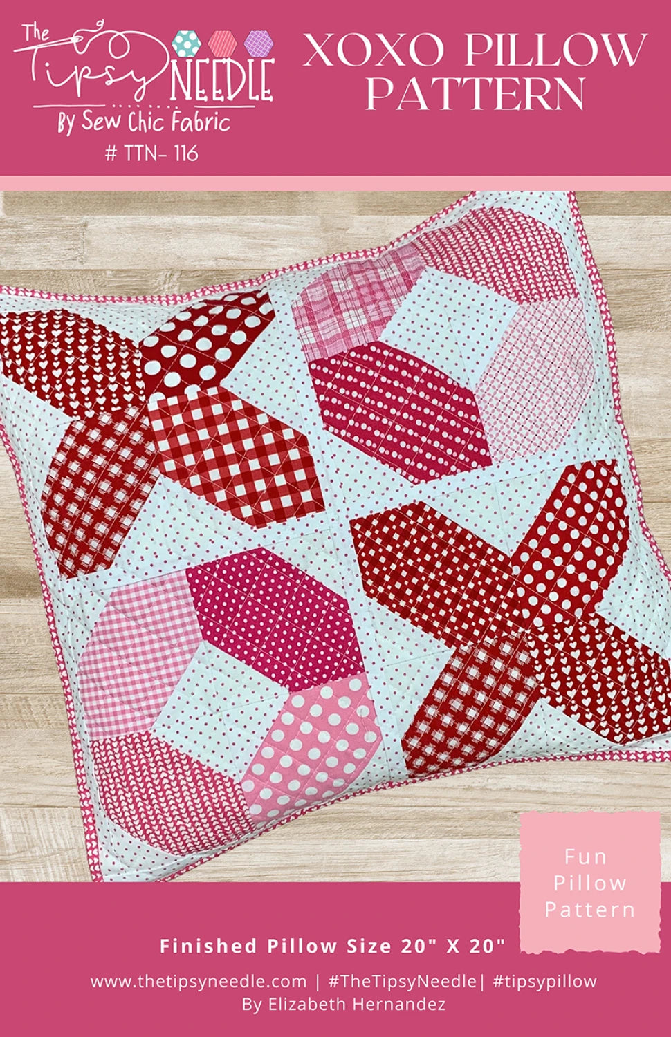 XOXO pillow pattern with red, pink, and white polka dot designs on a wooden surface.