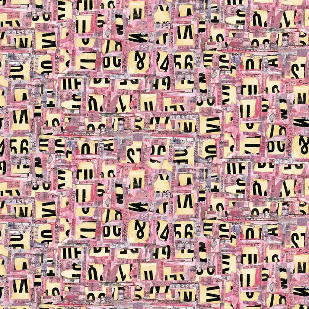 Patterned fabric with a grid of letters and numbers on a pink background