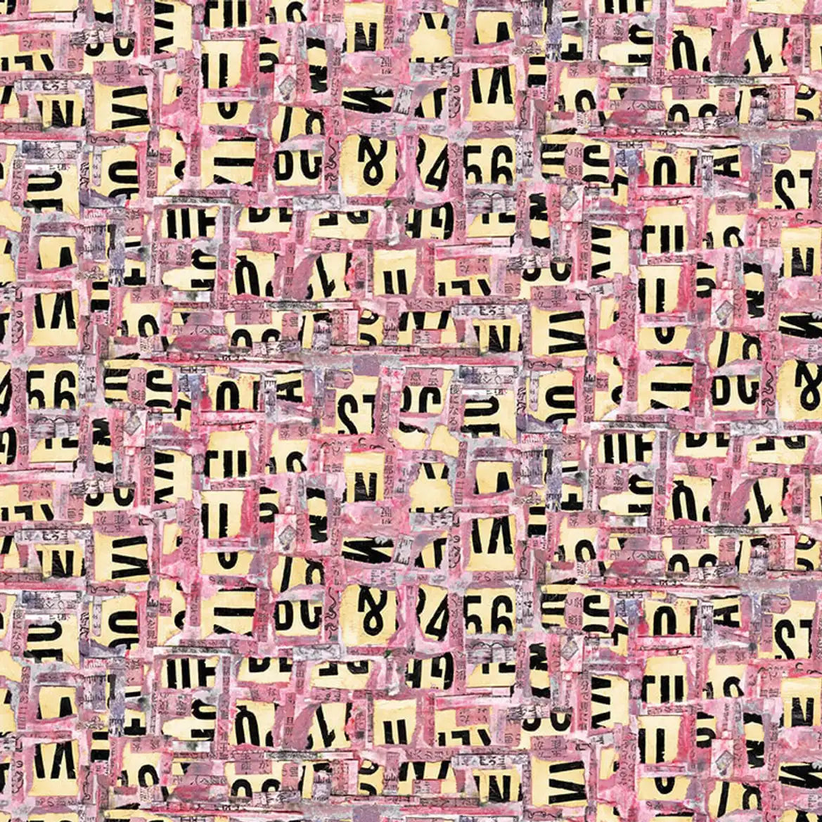 Patterned fabric with a grid of letters and numbers on a pink background