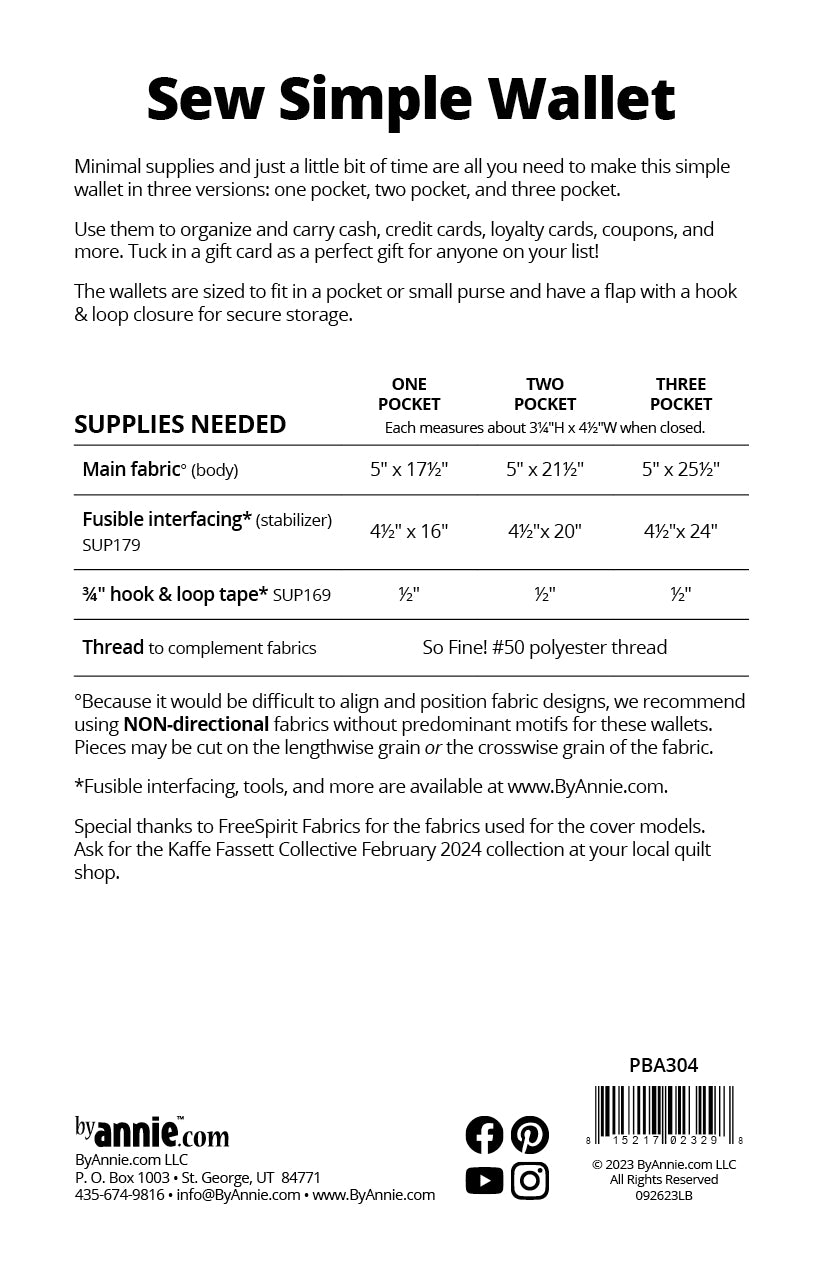 Back of a sewing pattern leaflet for 'Sew Simple Wallet' from By Annie, listing supplies needed.