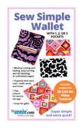 Front of 'Sew Simple Wallet' pattern with colorful wallets and text about the pattern.