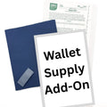 Blue linen wallet supply add-on bundle with a label on a white background