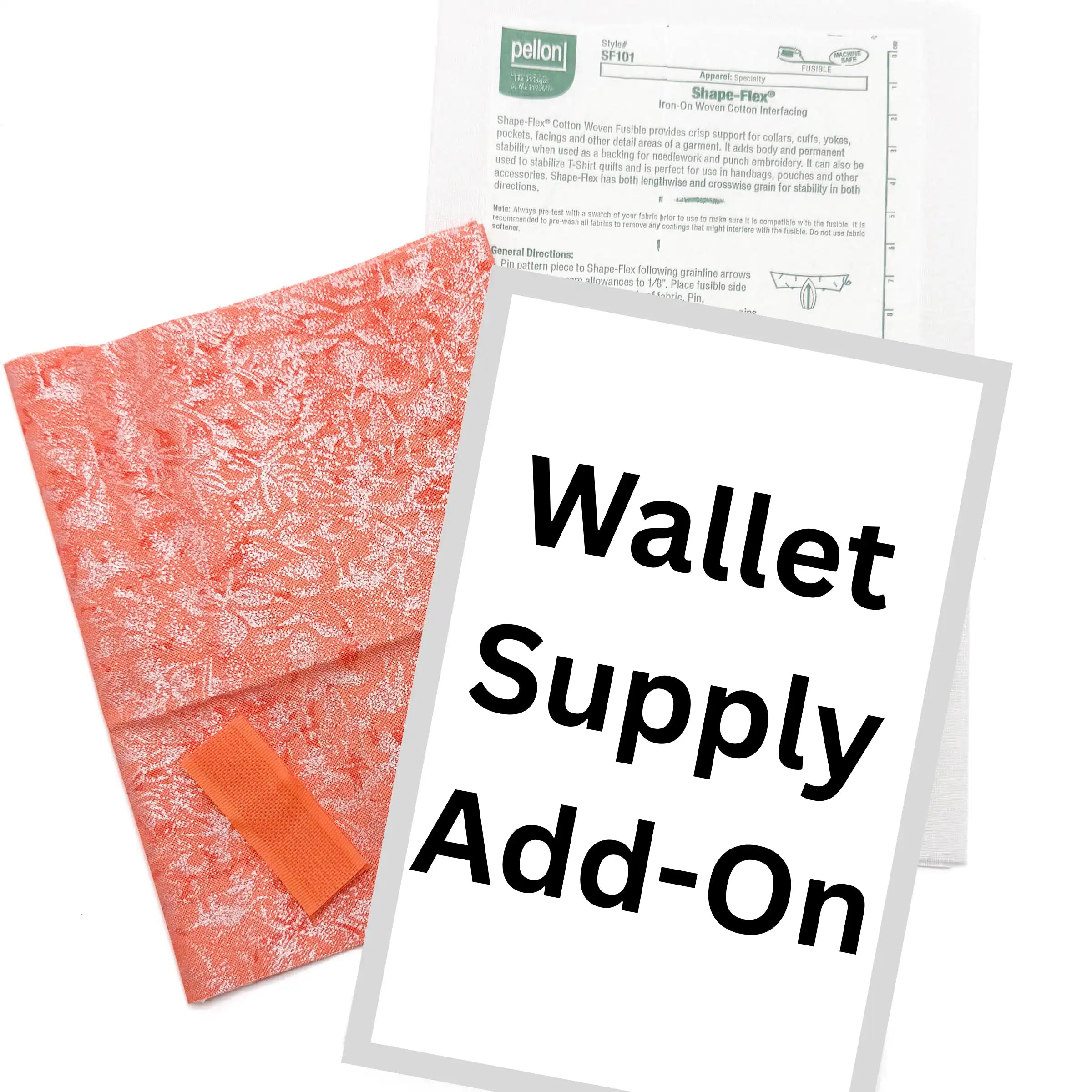 Wallet supply add-on  bundle with orange sparkle fabric and interfacing on a white background